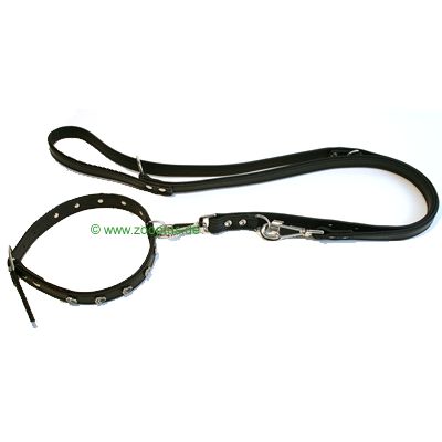 Collier & laisse Pattes, en cuir noir - collier L 55 x l 2,2 cm + laisse