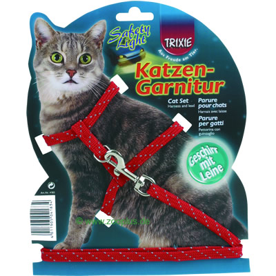 Parure r�fl�chissante pour chat avec harnais et laisse - rouge