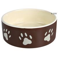 Gamelle en c&eacute;ramique marron pattes de chiens - 0,3 L - 12 cm de diam&egrave;tre