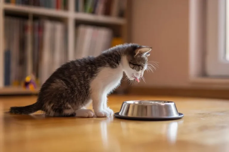 Un chaton devant sa gamelle de nourriture