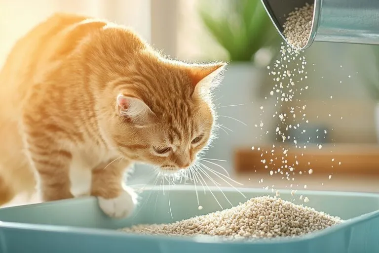 Un chat roux curieux regarde de la litière agglomérante versée dans un bac de toilette bleu clair pour une meilleure absorption des odeurs.