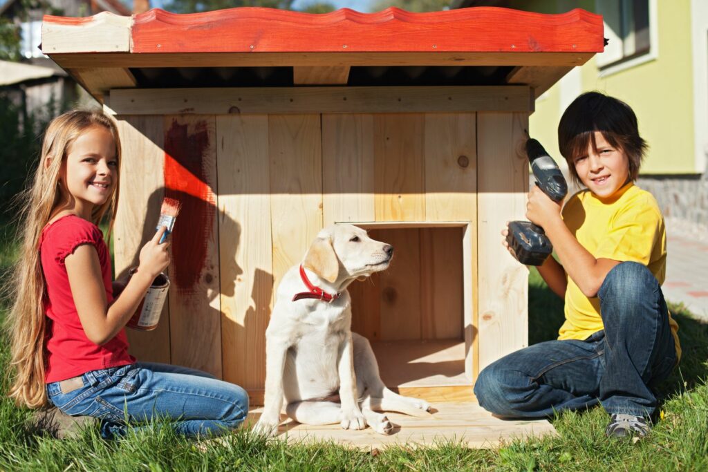 des enfants construisent une niche pour chien