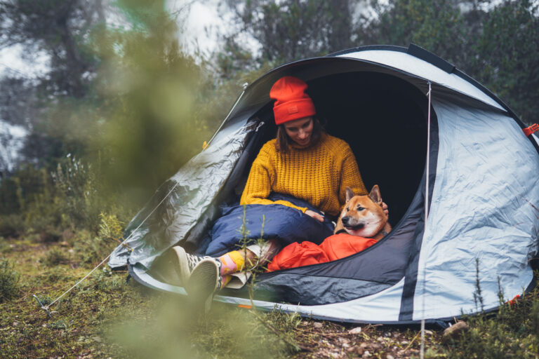 une femme fait du camping avec son chien