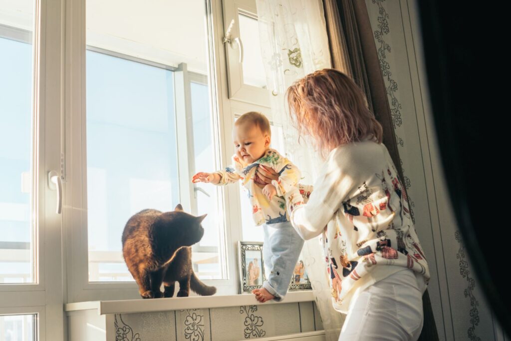 chat avec une femme et un bébé