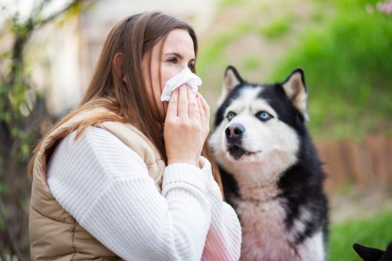 femme souffrant d'allergie aux poils de chien qui se mouche