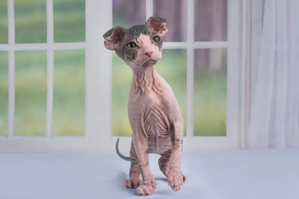 Un chaton nu avec la fourrure plissée Le Leykov ukrainien est une race féline sans poils récente