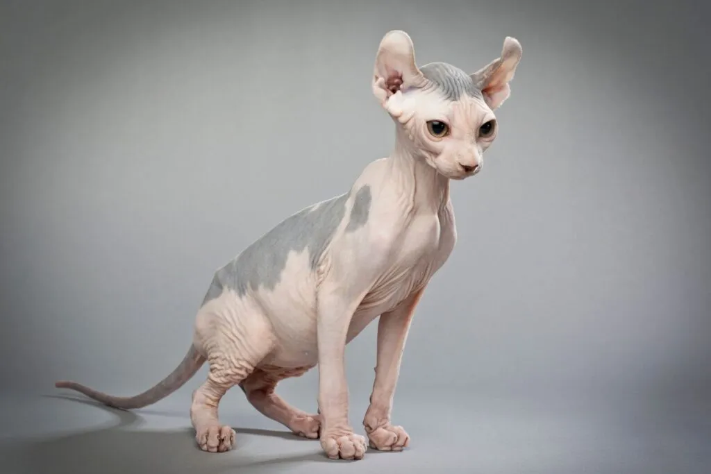 Un chat qui ressemble au Sphynx Un chat elfe à la peau claire avec des tâches grises