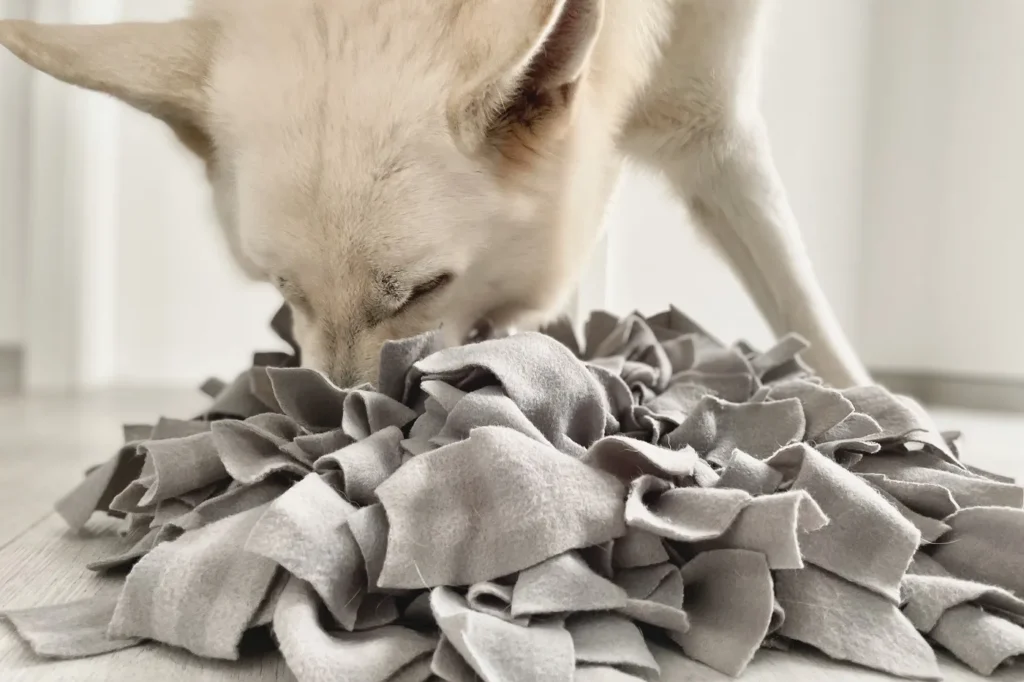 Chien qui cherche des friandises dans un tapis de fouille