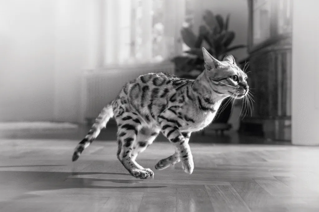 Un chat difficile court avec enthousiasme dans la pièce en attendant ses friandises préférées.